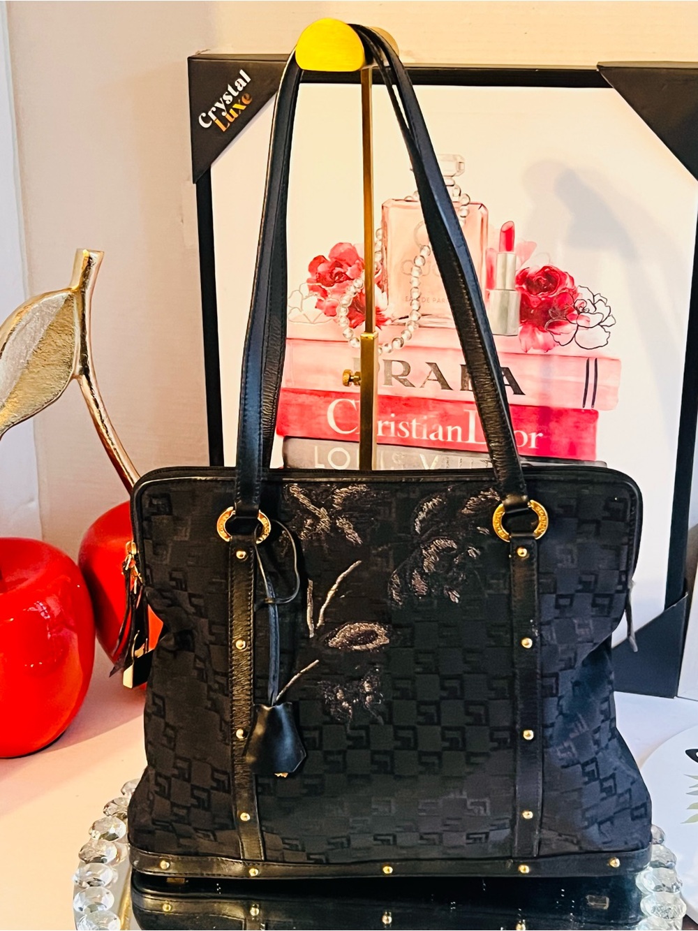 St. John Black Floral Jacquard with Gold luck and key Hardware made Italy bag